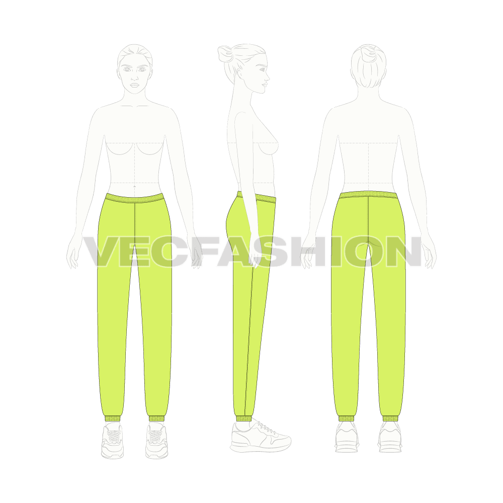 Womens sweat pants, semi-slim flat sketch, on croqui
