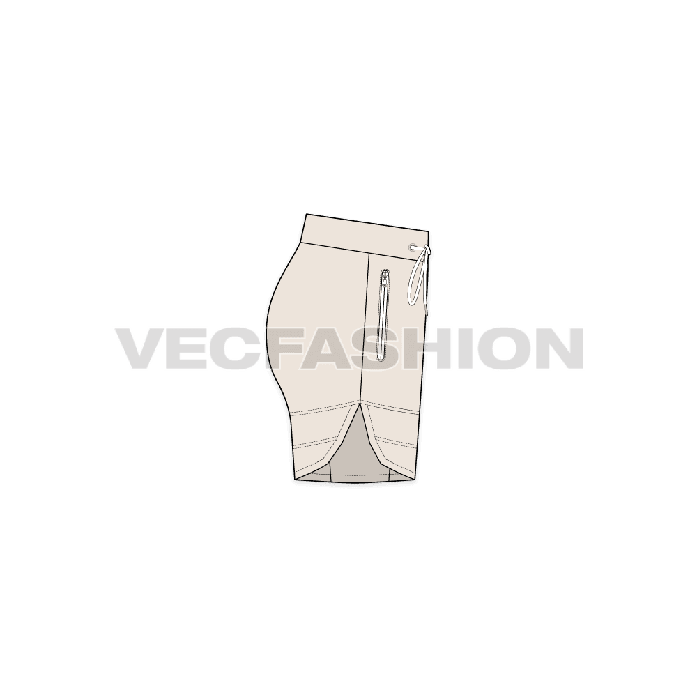 A vector fashion sketch for Women's Sweat Shorts. It is a very active style for women's multi purpose made out of fleece or terry fabric. It has contrast colored trims and there is water proof zipper on it. 
