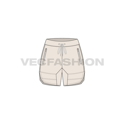 A vector fashion sketch for Women's Sweat Shorts. It is a very active style for women's multi purpose made out of fleece or terry fabric. It has contrast colored trims and there is water proof zipper on it. 