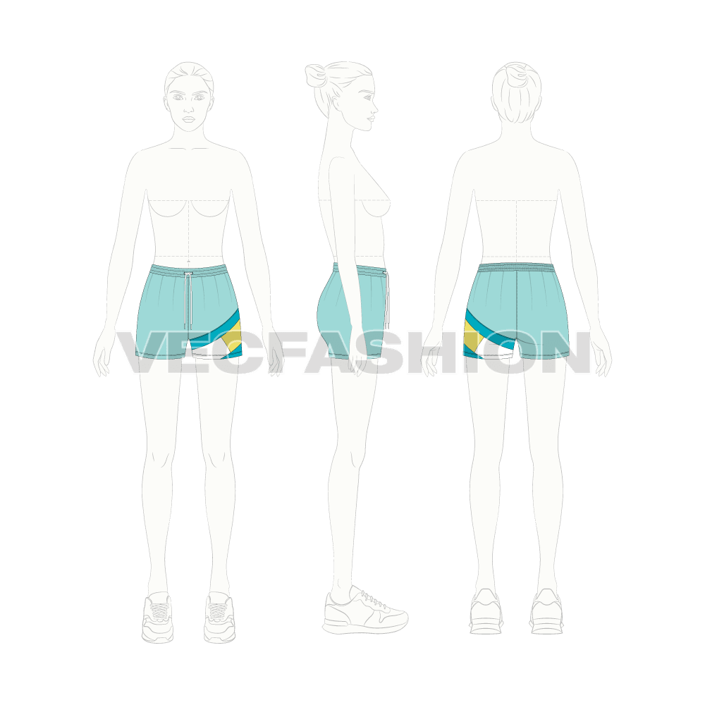 Womens swim shorts flat sketch, croqui sketch