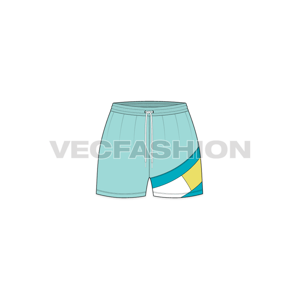 A vector template for Women's Swim Shorts. This vector fashion template is created in Adobe Illustrator and have a diagonal panel on the left leg on front and back.