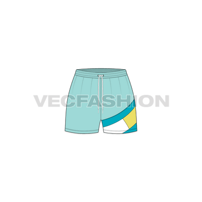 A vector template for Women's Swim Shorts. This vector fashion template is created in Adobe Illustrator and have a diagonal panel on the left leg on front and back.