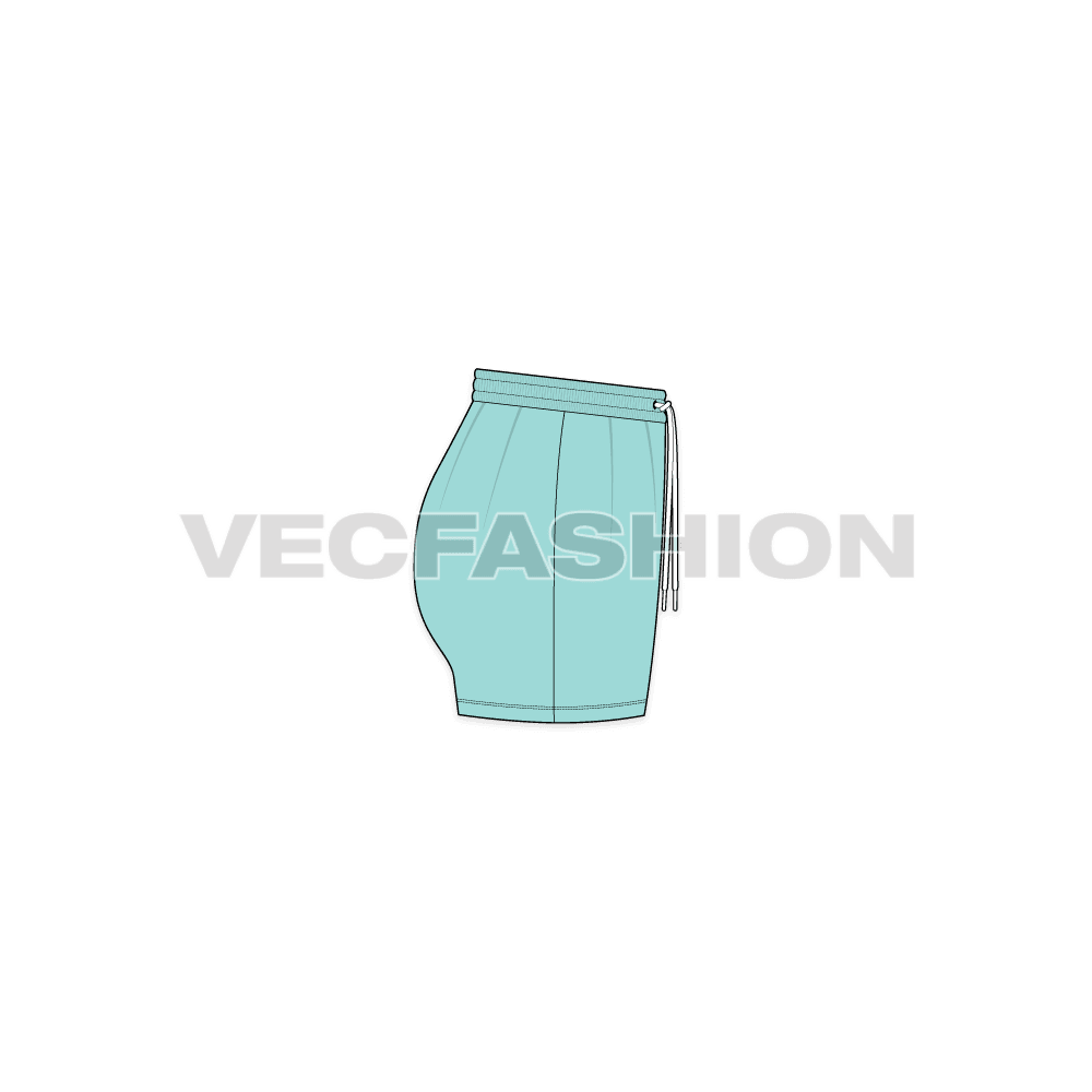 A vector template for Women's Swim Shorts. This vector fashion template is created in Adobe Illustrator and have a diagonal panel on the left leg on front and back.