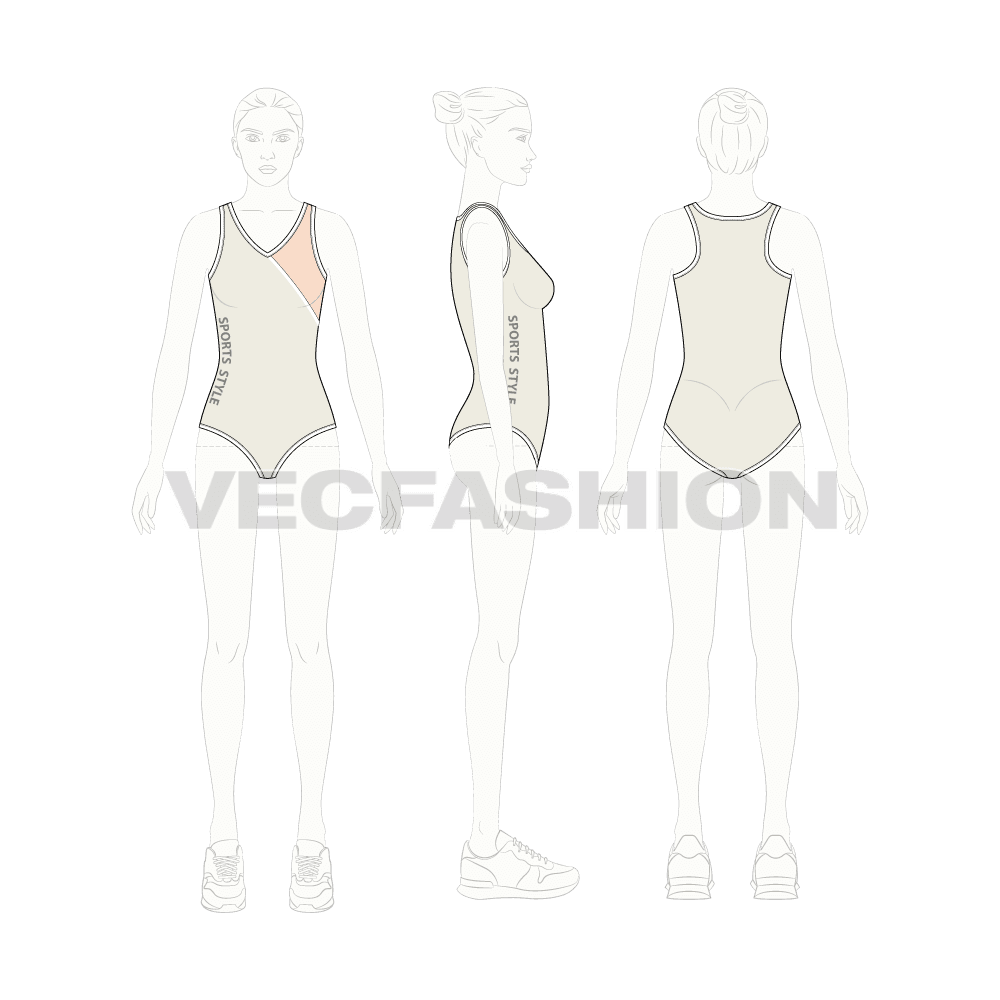 Womens swimming bodysuit flat sketch, croqui sketch