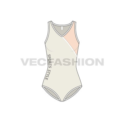 A vector template for Women's Swimming Bodysuit. An overlapping style of swimming bodysuit made out of lycra with a contrast panel on one side. 