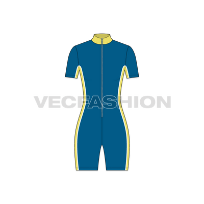 A vector template for Womens Swimming Singlet. It is a compression swim suit vector illustration created in Adobe Illustrator and fully editable. It has a mock neck collar in contrast color with zipper front open.