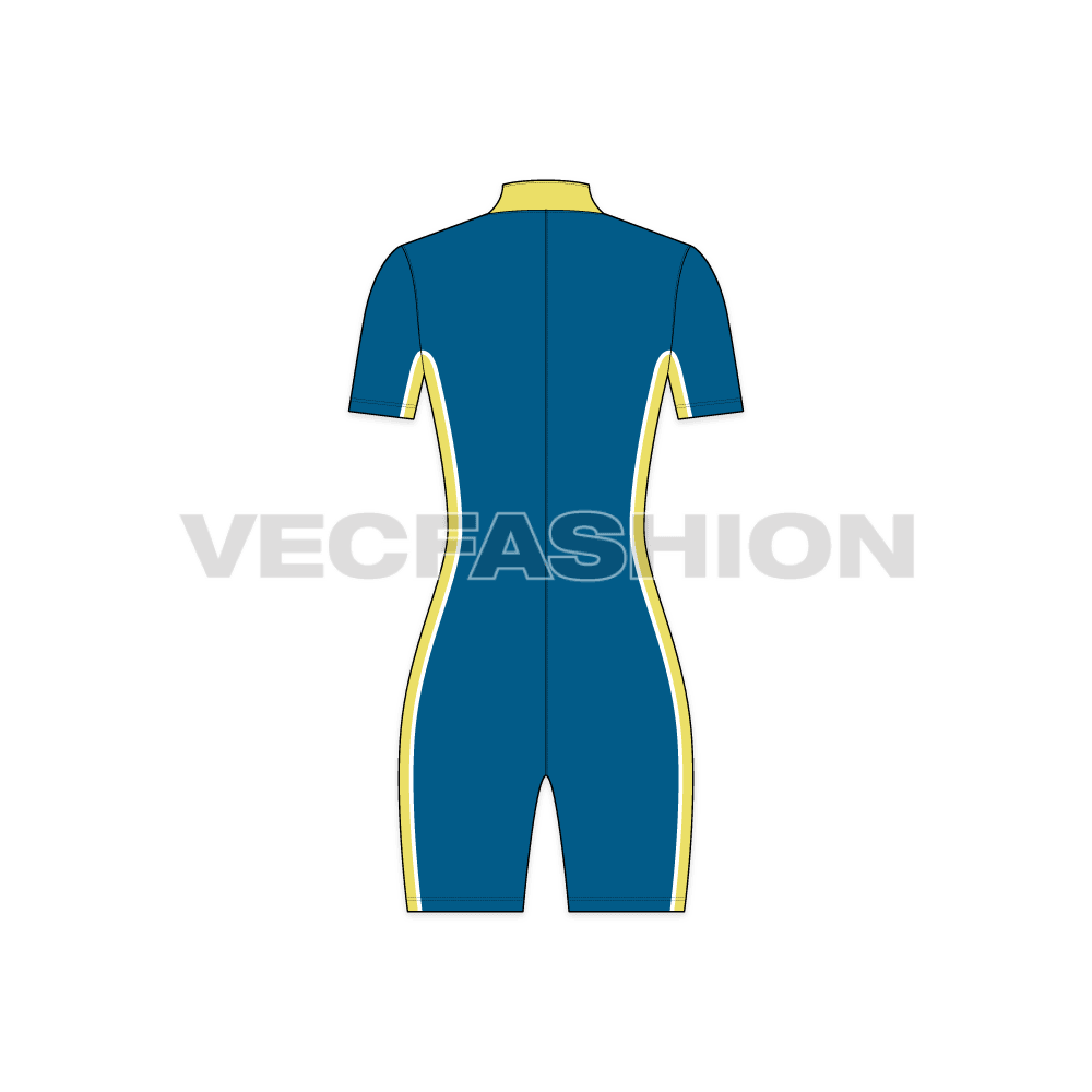 A vector template for Womens Swimming Singlet. It is a compression swim suit vector illustration created in Adobe Illustrator and fully editable. It has a mock neck collar in contrast color with zipper front open.