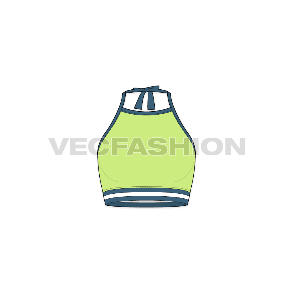 Womens halter neck swim top flat sketch, front view