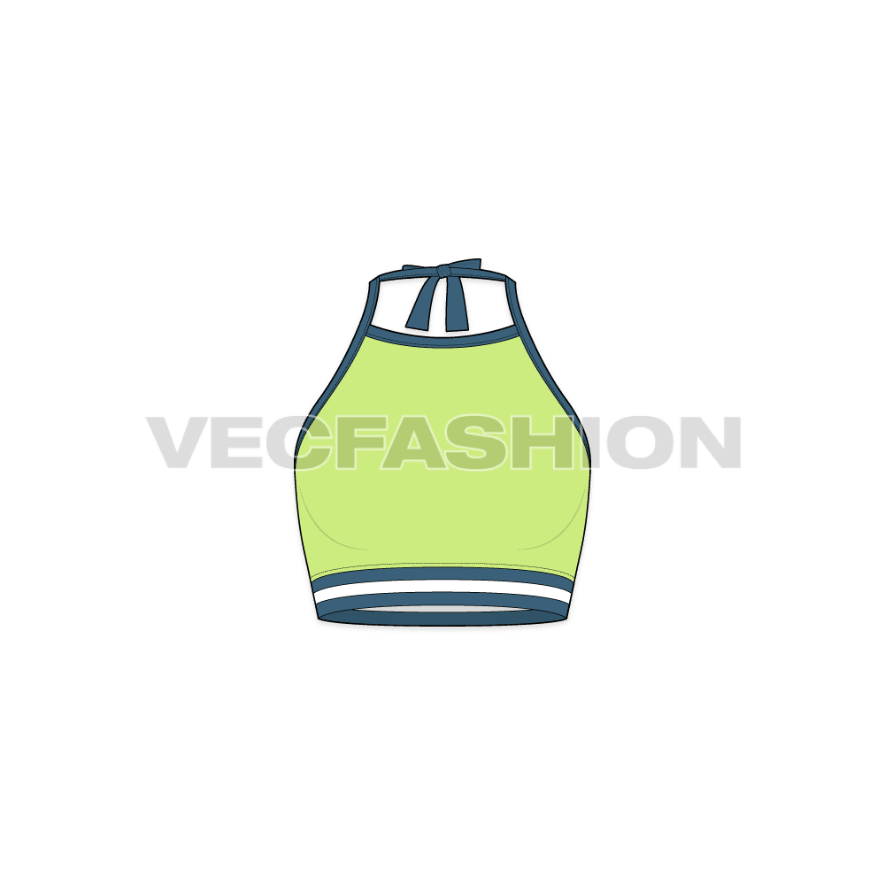 A vector sketch template for Womens Swimming Top with Halter Neck. It is a vector fashion illustration with front, back and side view.