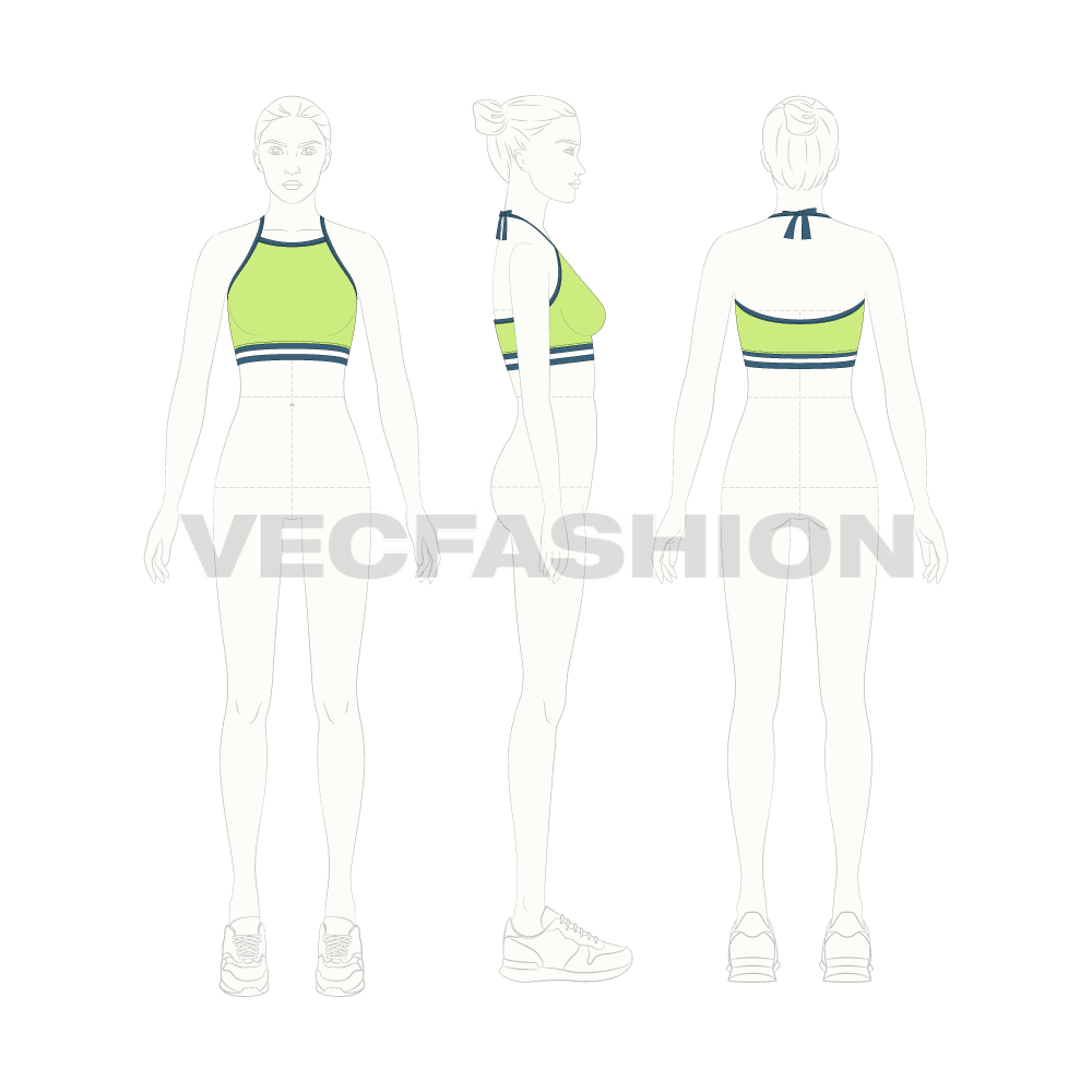 Womens halter neck swim top flat sketch, croqui sketch
