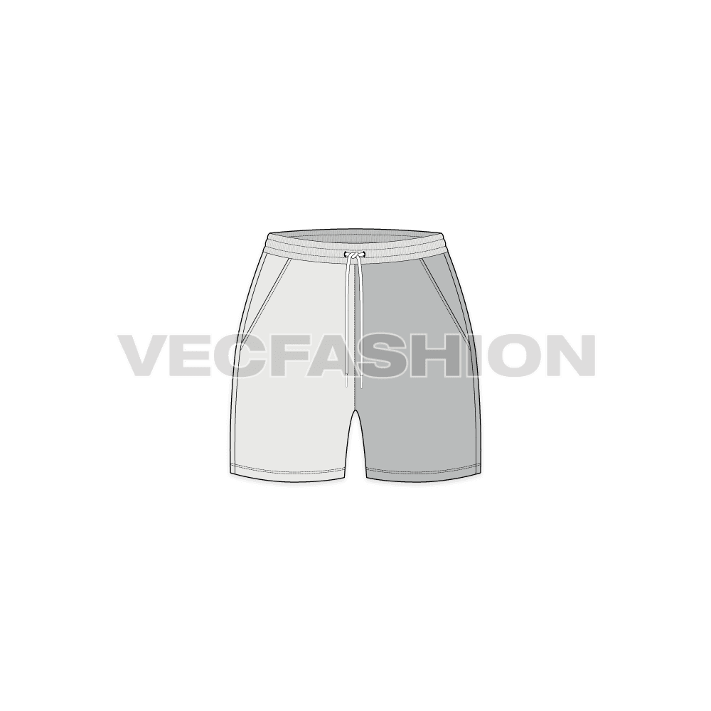 A vector template for Women's Swimming Trunks. It is a color-blocked design with each leg being different. It has an elasticated waistband with long drawstrings and side pockets.