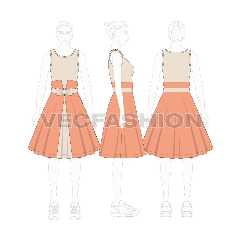 Womens swing dress flat sketch, croqui sketch