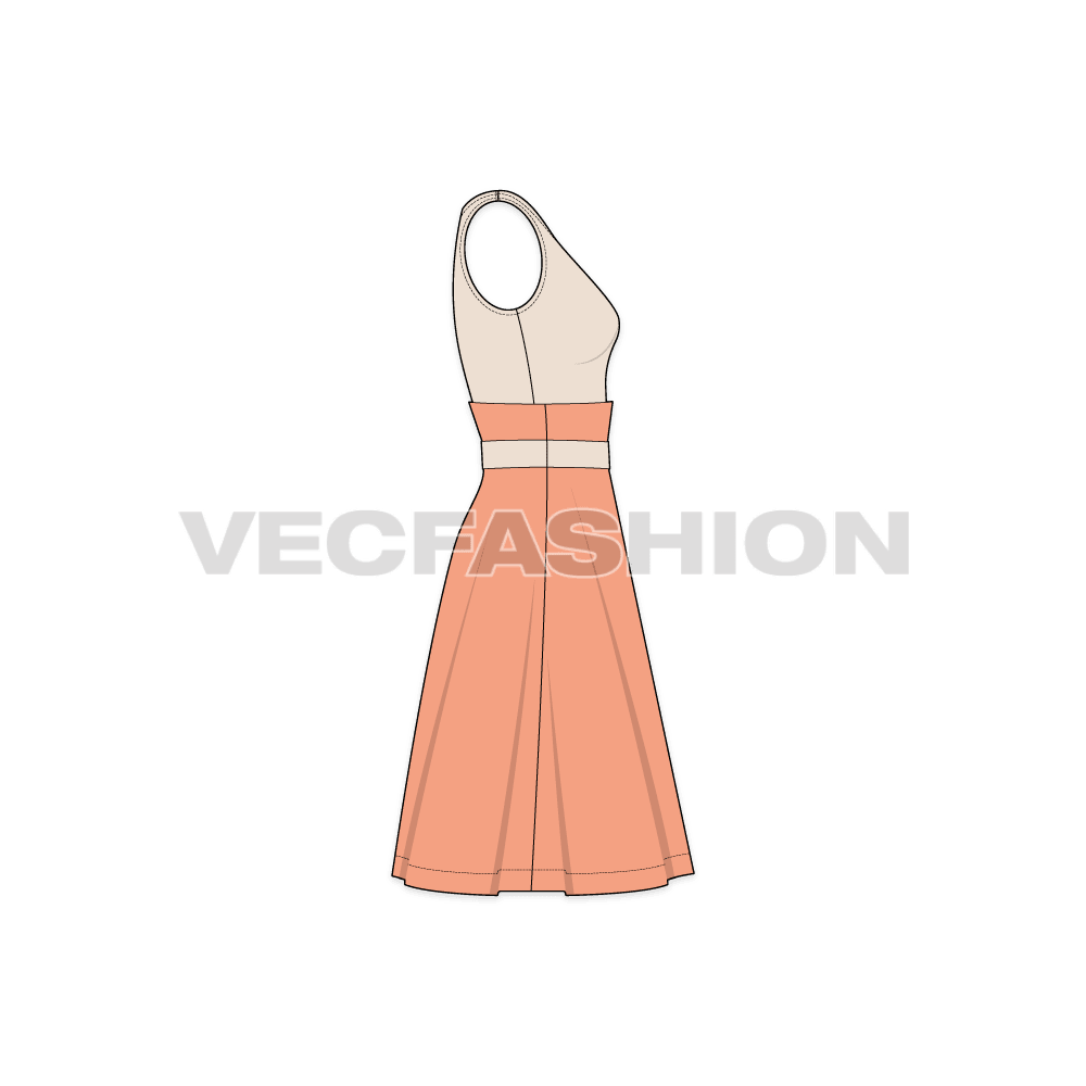 Womens swing dress flat sketch, side view