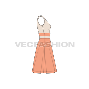 A vector template for Women's Swing Dress. It has a solid colored bodice with contrast colored top layer at the skirt creating a reversed basque towards the busts. there is a functional and decorative bow at the small hip.