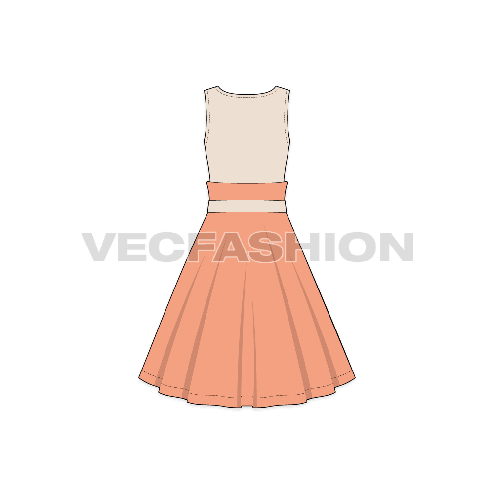 Womens swing dress flat sketch, back view