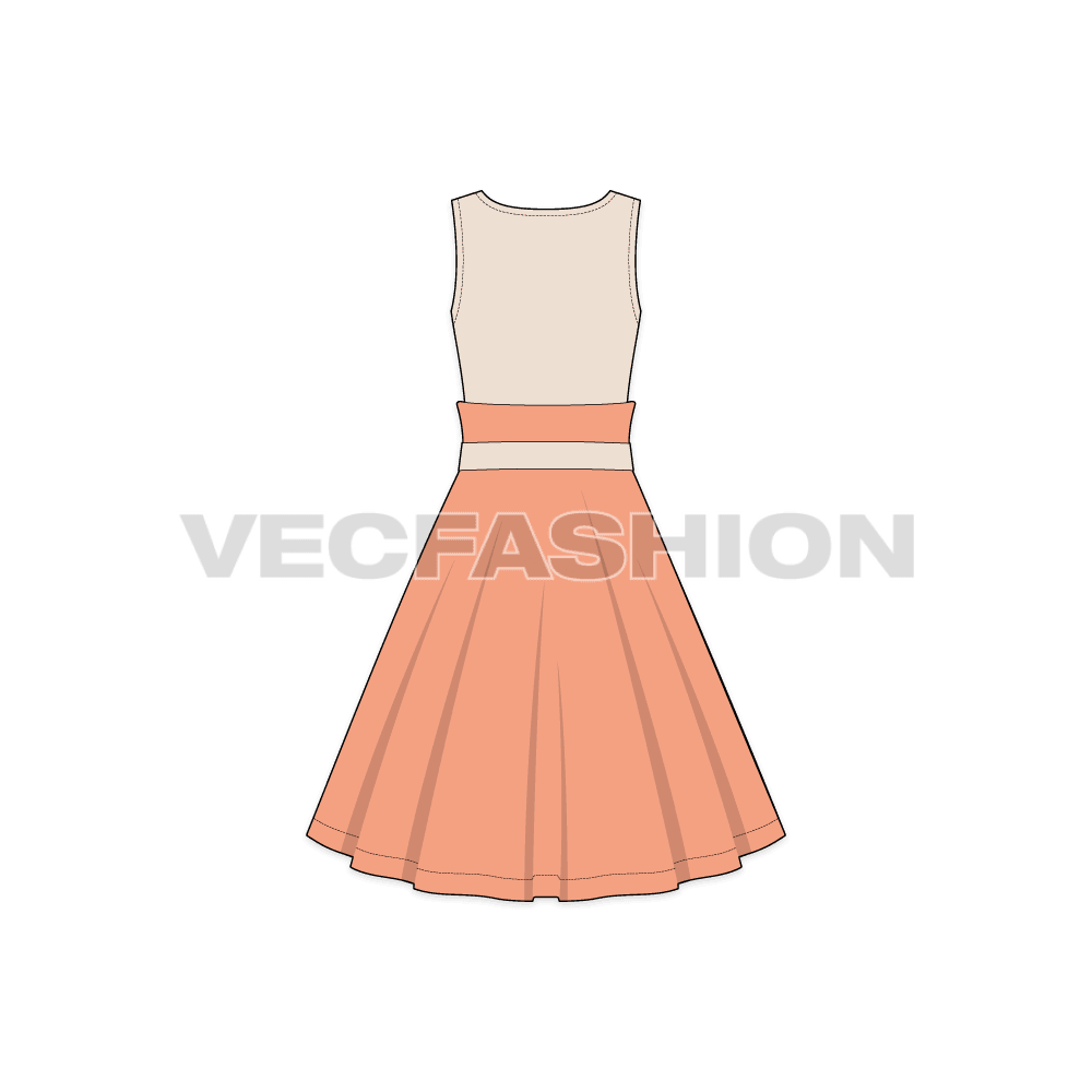 A vector template for Women's Swing Dress. It has a solid colored bodice with contrast colored top layer at the skirt creating a reversed basque towards the busts. there is a functional and decorative bow at the small hip.