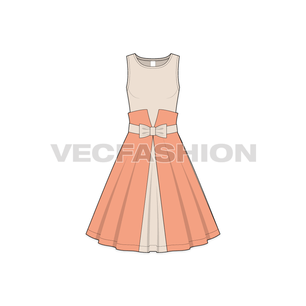 Womens swing dress flat sketch, front view