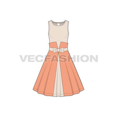 A vector template for Women's Swing Dress. It has a solid colored bodice with contrast colored top layer at the skirt creating a reversed basque towards the busts. there is a functional and decorative bow at the small hip.