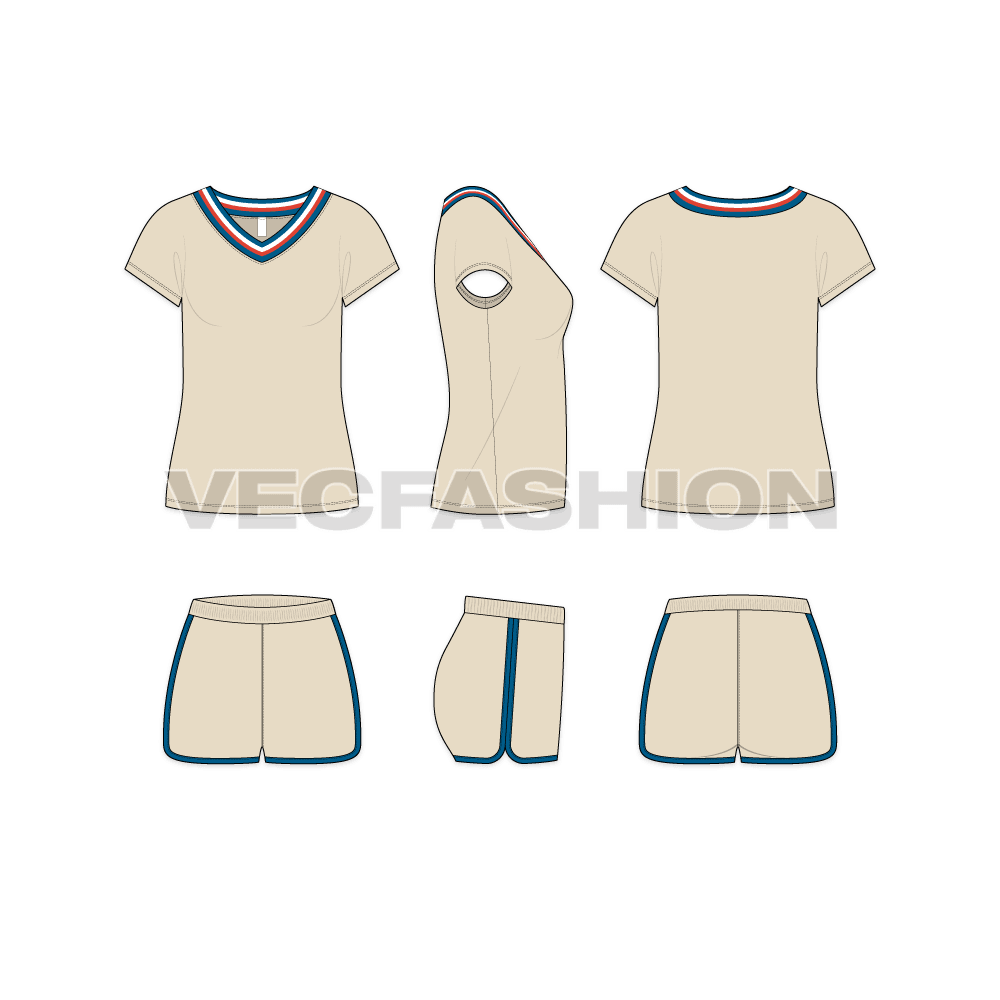 An editable vector flat sketch for Women's T shirt and Shorts Set. It has a wide v-neck t shirt with contrast tipping collar and mid-thigh length shorts. 