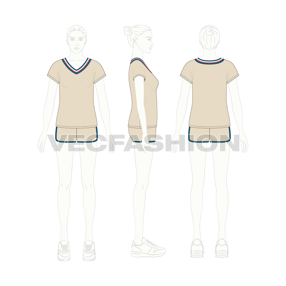 Womens t shirt and shorts set flat sketch, on croqui