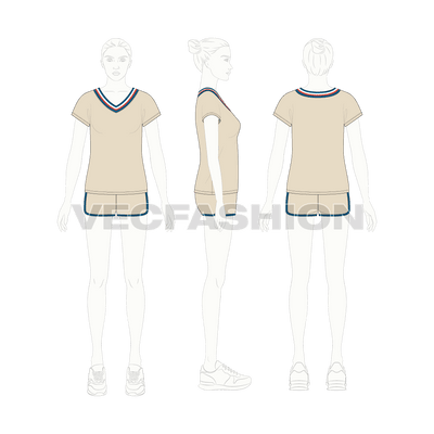 An editable vector flat sketch for Women's T shirt and Shorts Set. It has a wide v-neck t shirt with contrast tipping collar and mid-thigh length shorts.