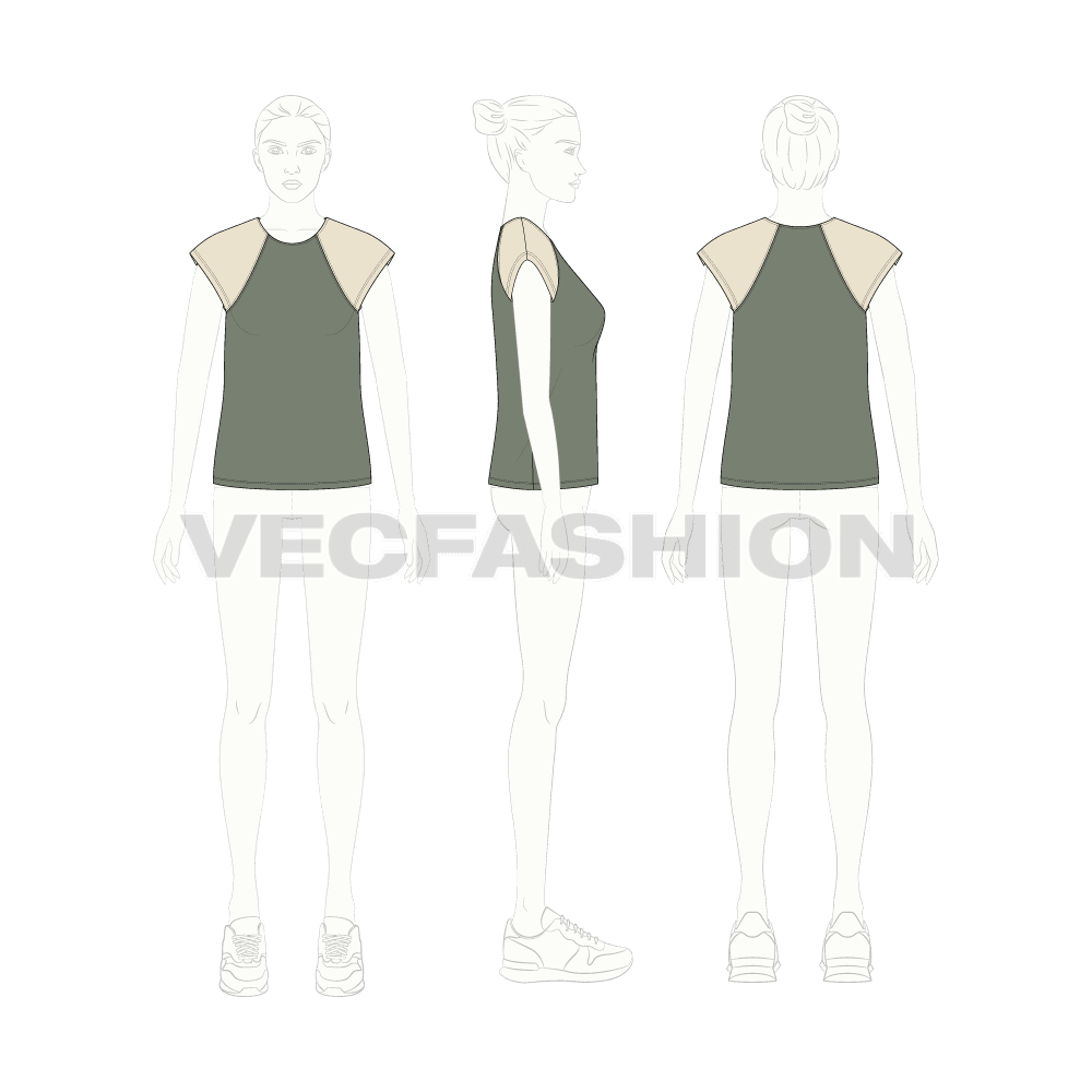 Womens t-shirt top flat sketch, croqui sketch