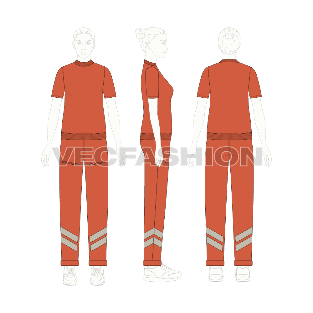 Womens t-shirt tracksuit flat sketch, on croqui