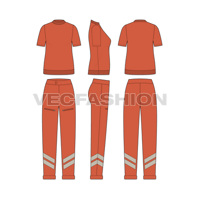 Womens t-shirt tracksuit flat sketch, showing all views, front, side and back