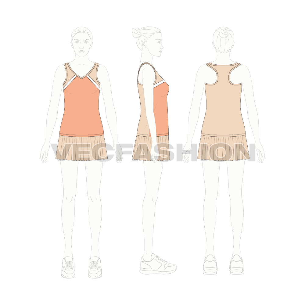 Womens tanktop skirt set flat sketch, on croqui