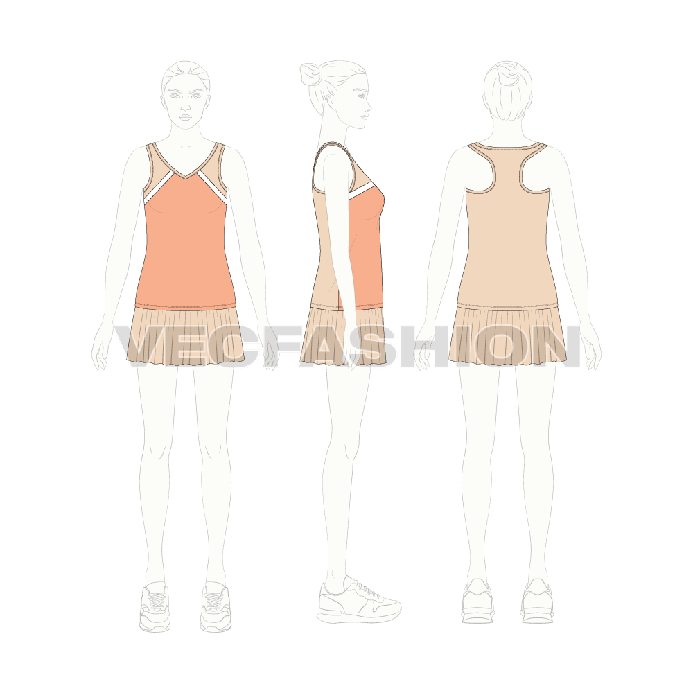 An editable vector flat sketch for Women's Tank top Skirt Set. It has a cross panel tank with racerback straps and mini skirt.