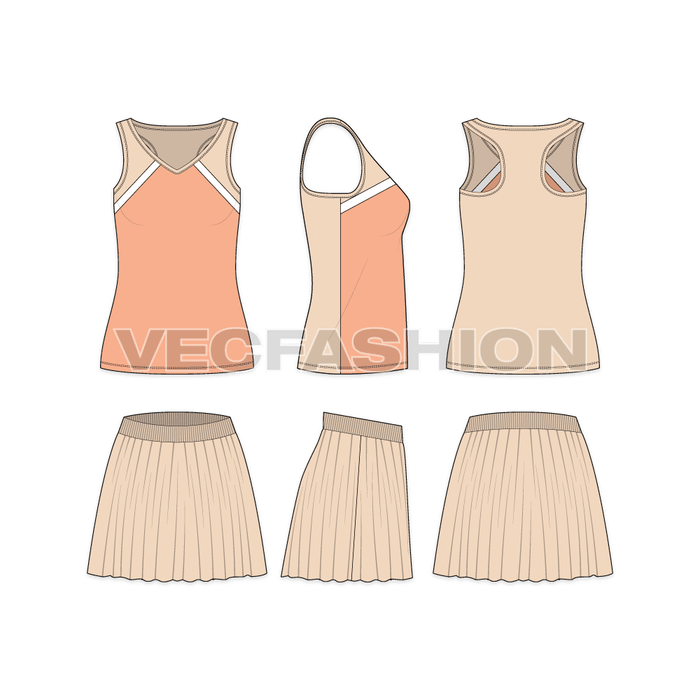 Womens tanktop skirt set flat sketch, showing all views, front, side and back