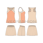 Womens tanktop skirt set flat sketch, showing all views, front, side and back