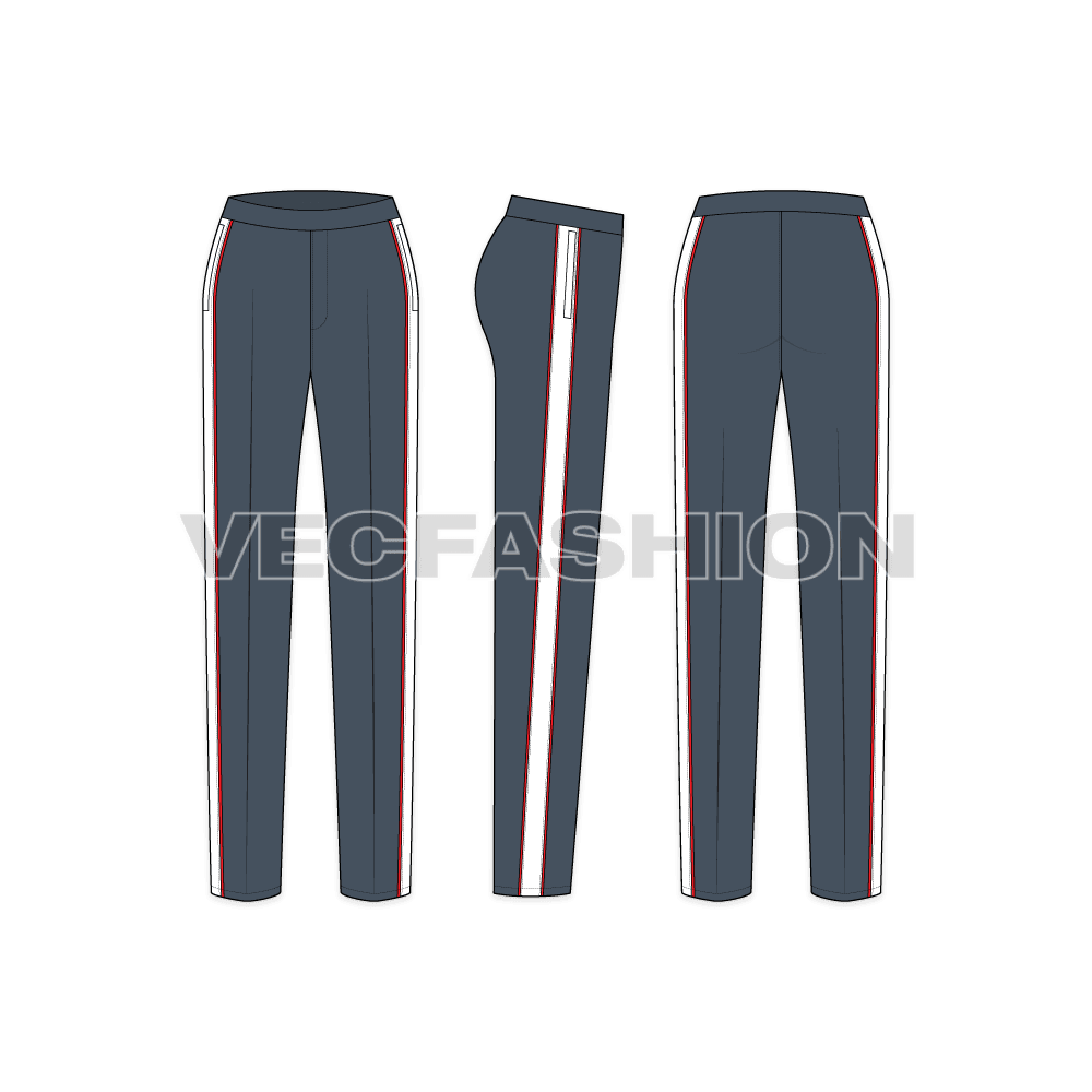 Womens tapered pants flat sketch, showing all views, front, side and back