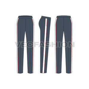 This pants template for women is tapered and have contrast color side panels. These pants have pockets on sides which are going sitting on the side seam. A simple and easy to edit Women's Tapered Pants Template.