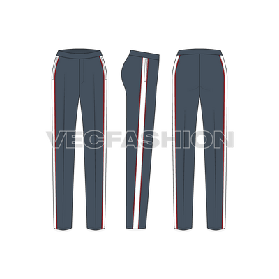 This pants template for women is tapered and have contrast color side panels. These pants have pockets on sides which are going sitting on the side seam. A simple and easy to edit Women's Tapered Pants Template.