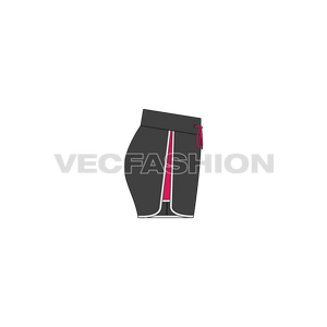 A vector fashion sketch template of Women's Tech Vector Shorts. It is colored with contrast trims in hot pink and white color. The side leg have an A shape panel and contrast colored drawstrings.