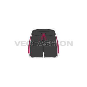 A vector fashion sketch template of Women's Tech Vector Shorts. It is colored with contrast trims in hot pink and white color. The side leg have an A shape panel and contrast colored drawstrings.