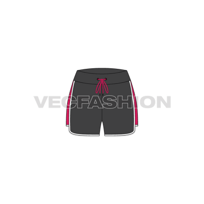 A vector fashion sketch template of Women's Tech Vector Shorts. It is colored with contrast trims in hot pink and white color. The side leg have an A shape panel and contrast colored drawstrings.