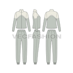 Womens terry tracksuit flat sketch, showing all views, front, side and back