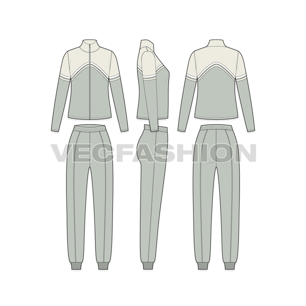Womens terry tracksuit flat sketch, showing all views, front, side and back