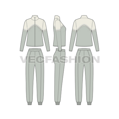 Womens terry tracksuit flat sketch, showing all views, front, side and back