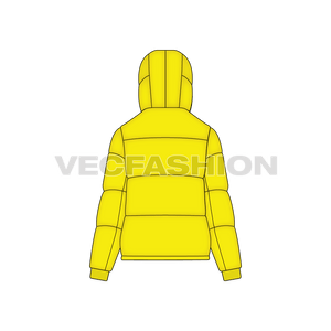 A vector template for Women's Thick Puffer Jacket. It has big panels with a hood enclosed with the two snap buttons on front. 