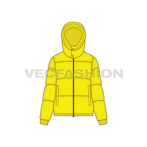 A vector template for Women's Thick Puffer Jacket. It has big panels with a hood enclosed with the two snap buttons on front. 