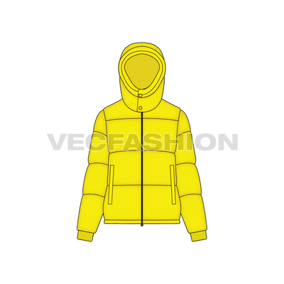 A vector template for Women's Thick Puffer Jacket. It has big panels with a hood enclosed with the two snap buttons on front. 