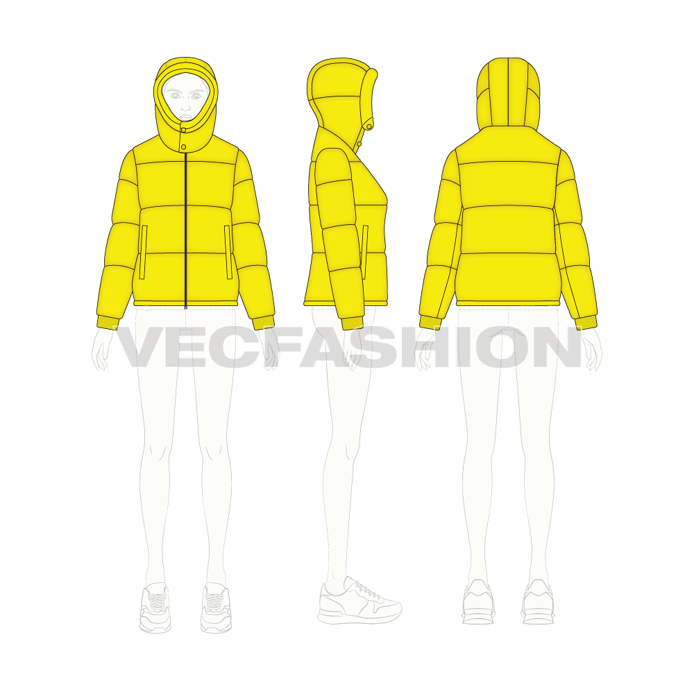 Women's Thick Puffer Jacket flat sketch, croqui sketch