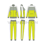 Womens tracksuit flat sketch, showing all views, front, side and back