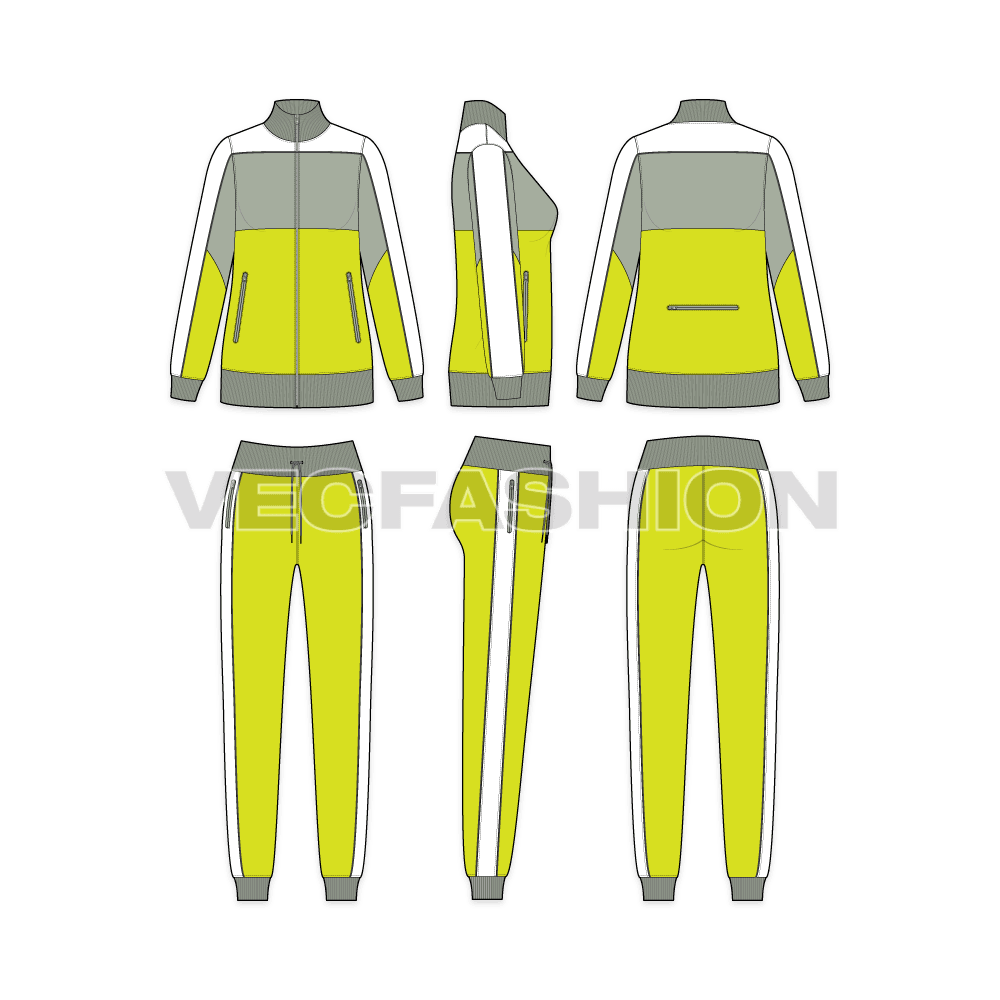 A vector template for Women's Tracksuit in 3 sporty colors white, Fern and Lime green. It has a thick 2x2 rib on neck, sleeve and hem. 