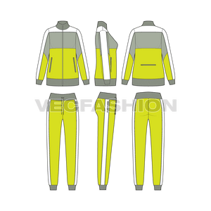 A vector template for Women's Tracksuit in 3 sporty colors white, Fern and Lime green. It has a thick 2x2 rib on neck, sleeve and hem. 