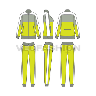 Womens tracksuit flat sketch, showing all views, front, side and back