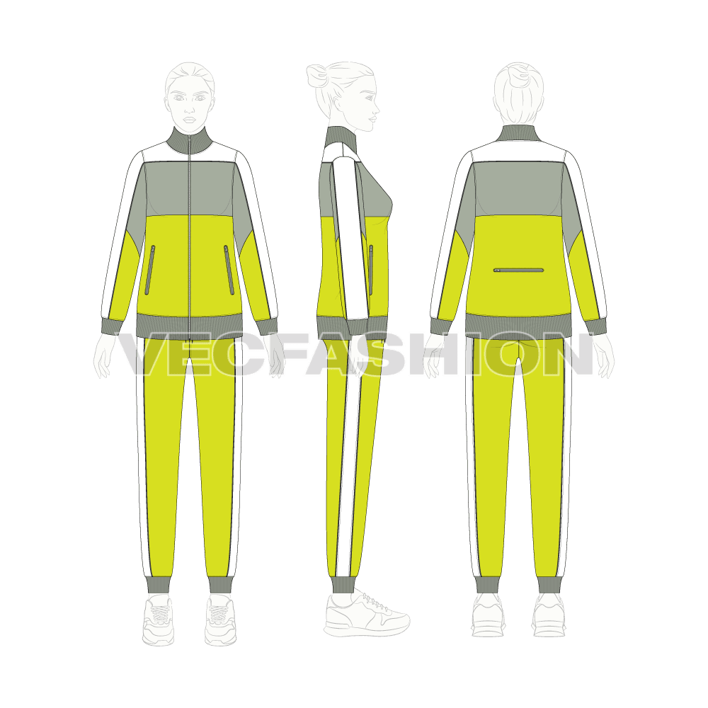Womens tracksuit flat sketch, on croqui